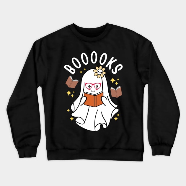 Halloween Booooks Cute Ghost Reading Books Women Girls Crewneck Sweatshirt by Raventeez